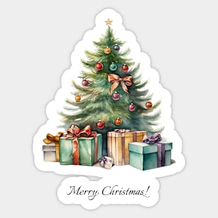 Rainbow Christmas Tree with Presents Watercolor Art Sticker